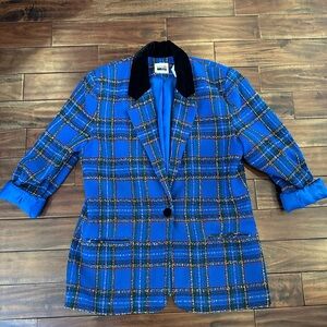 Vintage Blue Plaid Velvet Trim Blazer Leslie Faye Sz L/16 School Girl 1980s